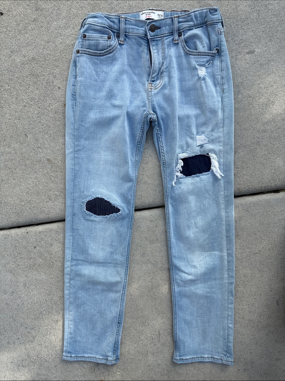 abercrombie kids Light Blue Distressed Straight Leg Jeans with Dark Knee Patch